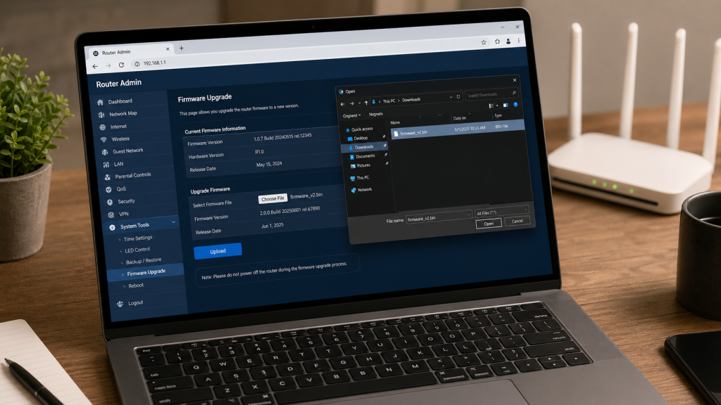 cómo subir el archivo bin firmware al panel de administración del router paso a paso
