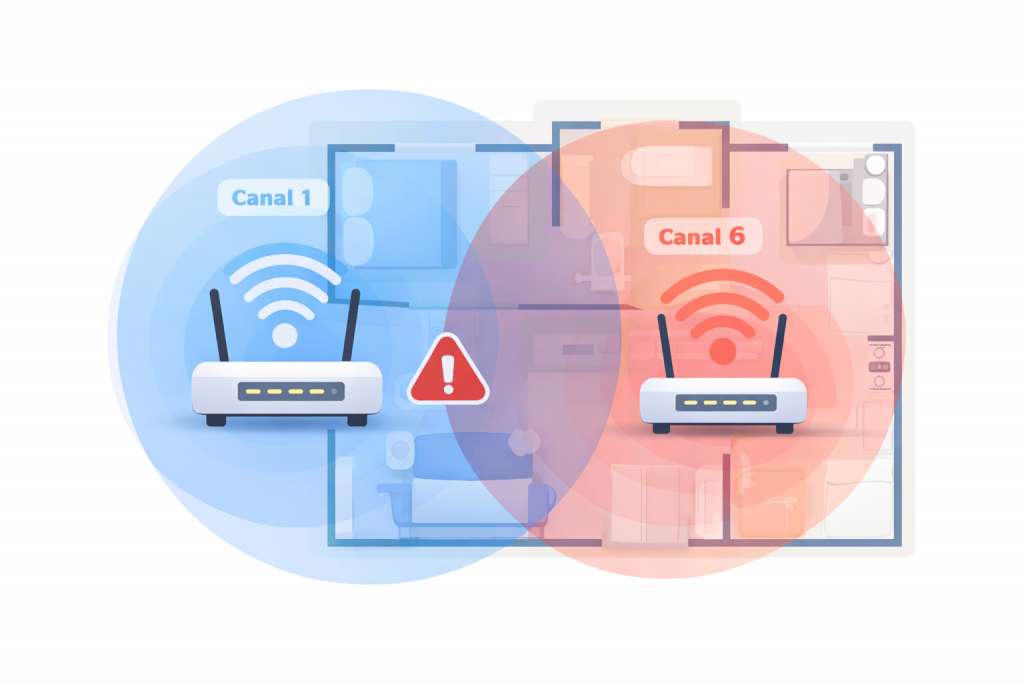 dos routers cercanos usando canales wifi distintos con interferencia entre redes