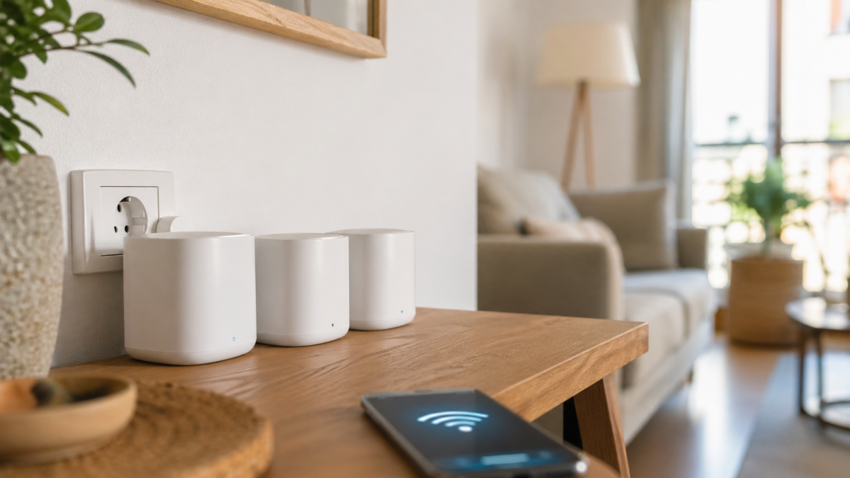 Tres repetidores WiFi baratos de menos de 30 euros sobre una mesa en un salón
