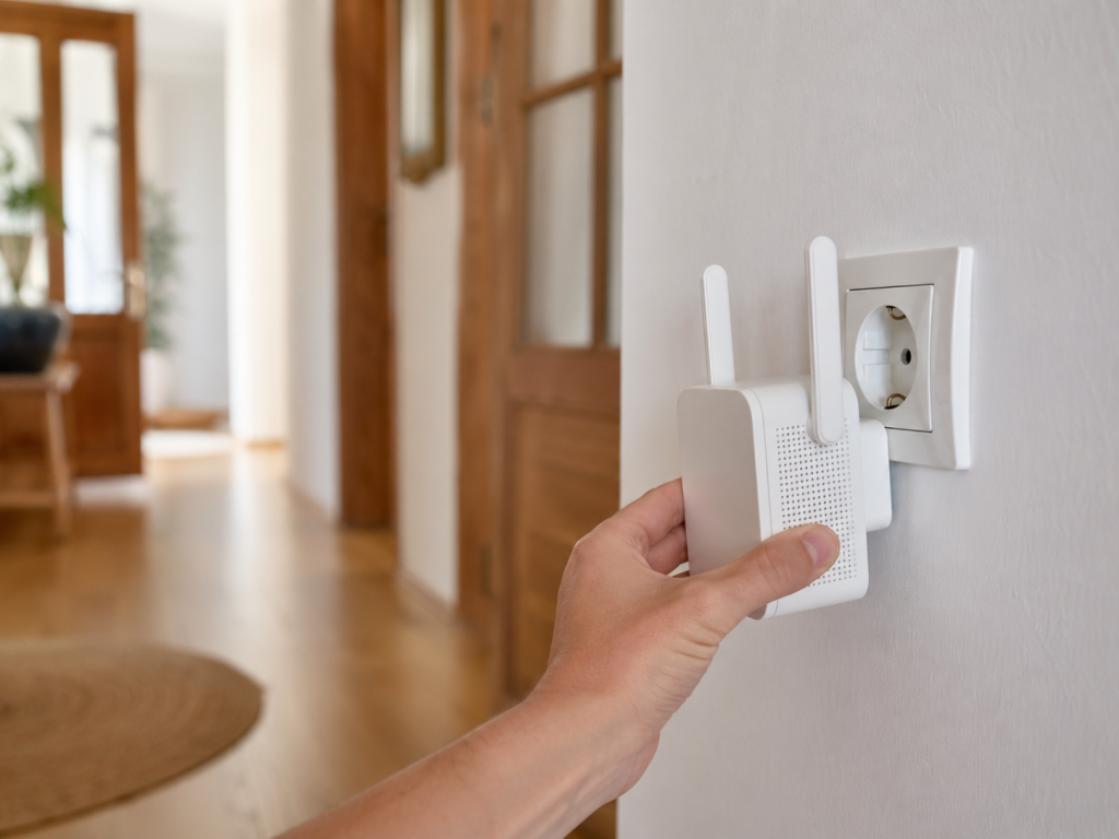 Persona enchufando un  mejor repetidor WiFi barato en un pasillo de casa para ampliar la cobertura