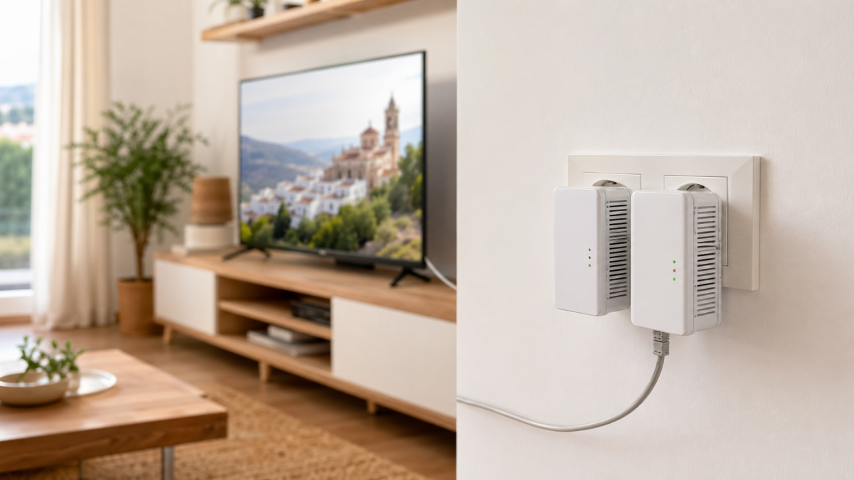 Adaptadores PLC enchufados en la pared de un salón español para llevar internet por la corriente eléctrica