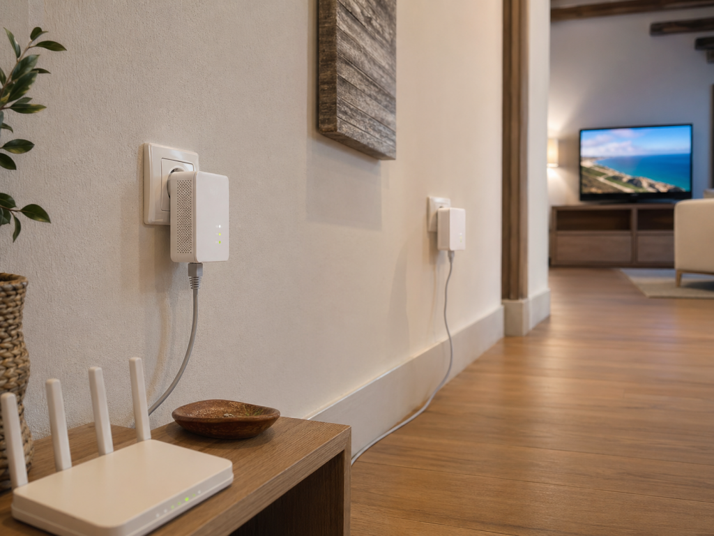 Esquema de instalación de un kit PLC: adaptador junto al router y segundo adaptador en la habitación destino
