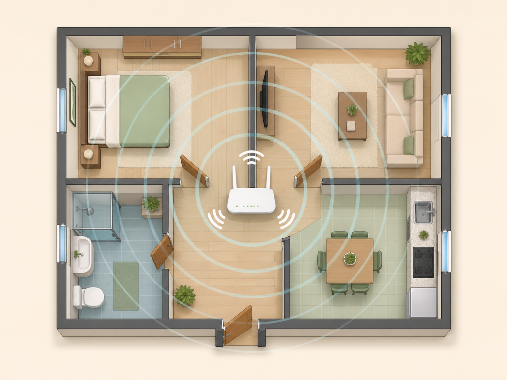donde colocar el router esquema plano piso posición central altura media sin obstáculos