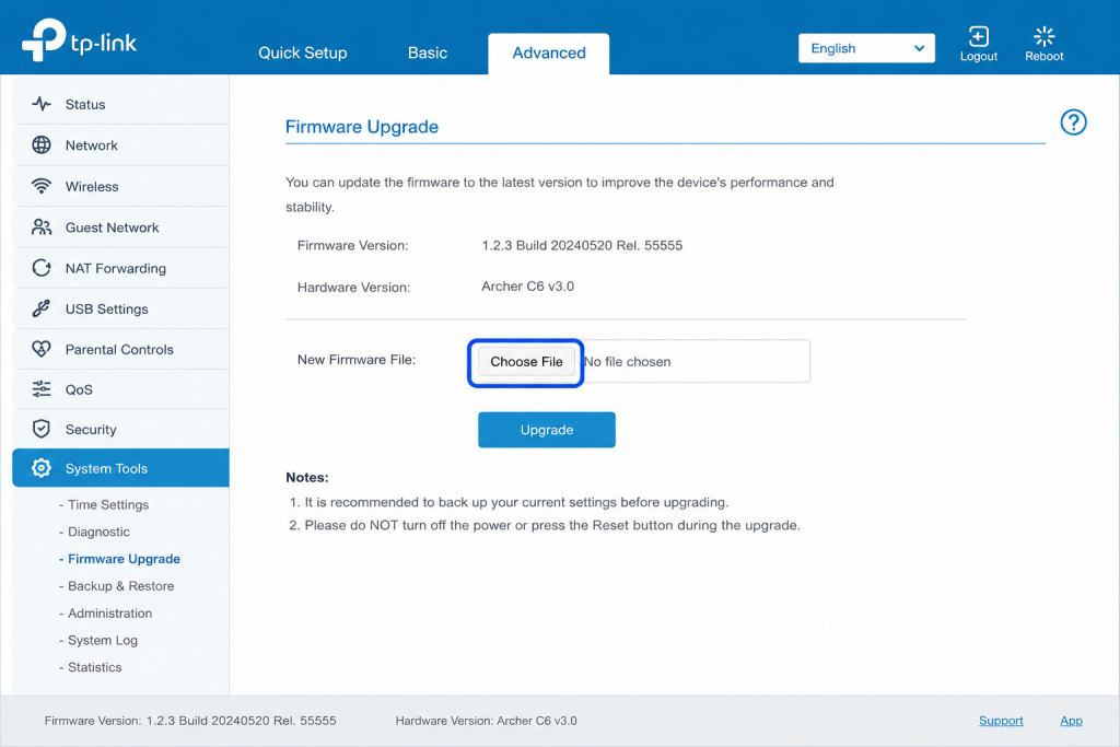 .bin firmware file upload section in a TP-Link router admin panel