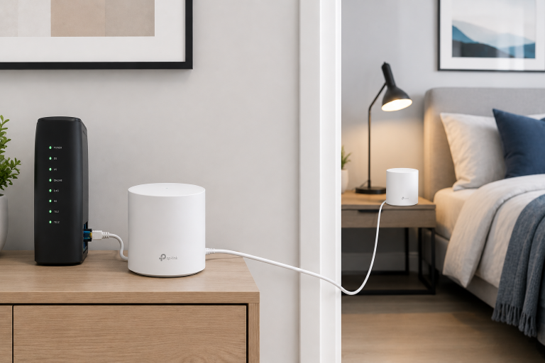 ethernet backhaul wifi mesh node connected by ethernet cable home setup