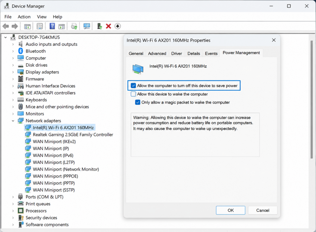 laptop wifi slow fix disable power saving mode windows device manager adapter settings