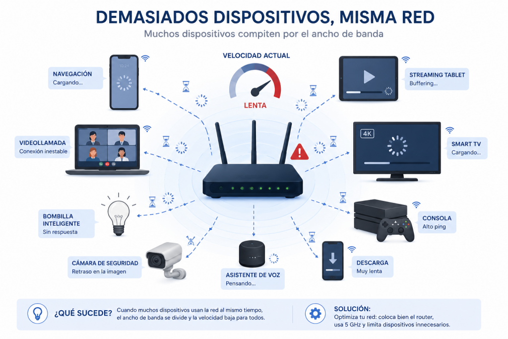 wifi lento muchos dispositivos conectados causas ancho de banda compartido router saturado 2026