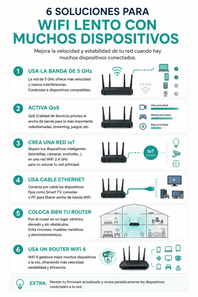 wifi lento muchos dispositivos soluciones qos 5ghz red invitados iot cable ethernet router wifi6