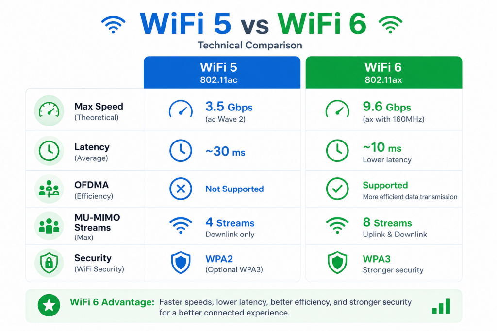 diferencia wifi 5 y wifi 6 tabla comparativa ofdma mu-mimo latencia seguridad
