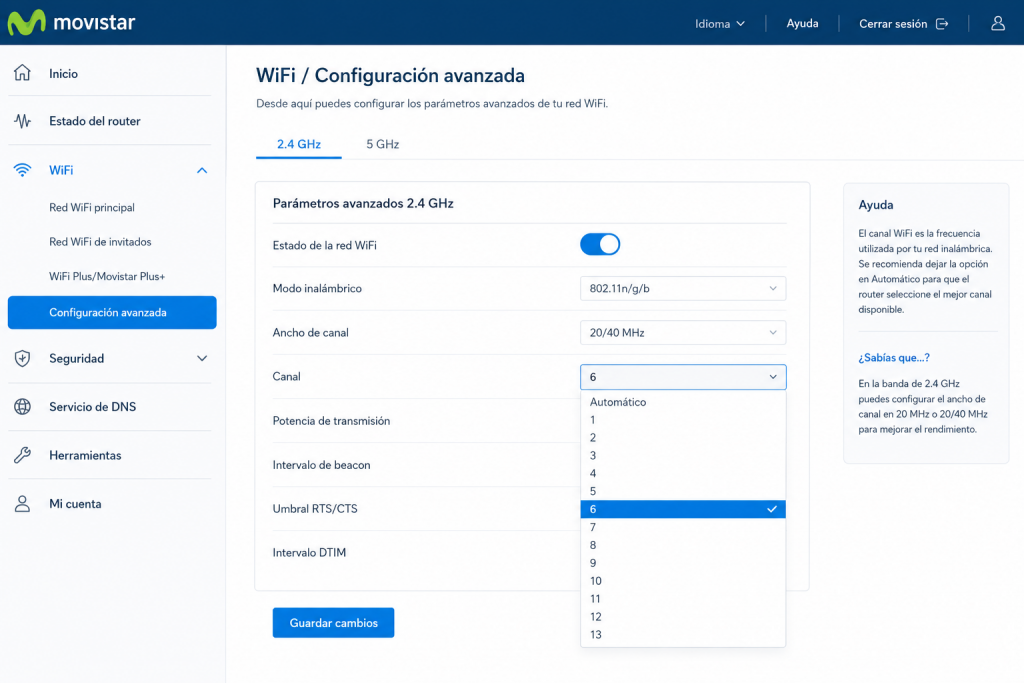 como cambiar canal wifi router panel administración configuración avanzada inalámbrica