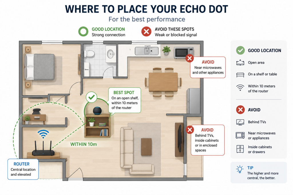 alexa not connecting to wifi echo placement tips router distance interference microwave 2026