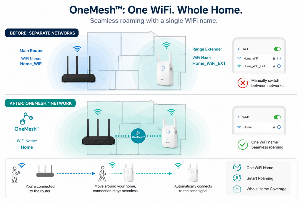 tp-link extender not working ssid configuration same name onemesh roaming setup 2026