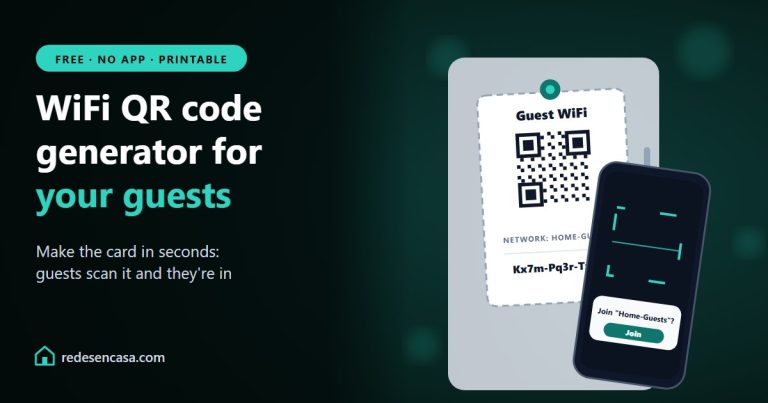 WiFi QR code generator: a printed guest card on the fridge and a phone scanning it